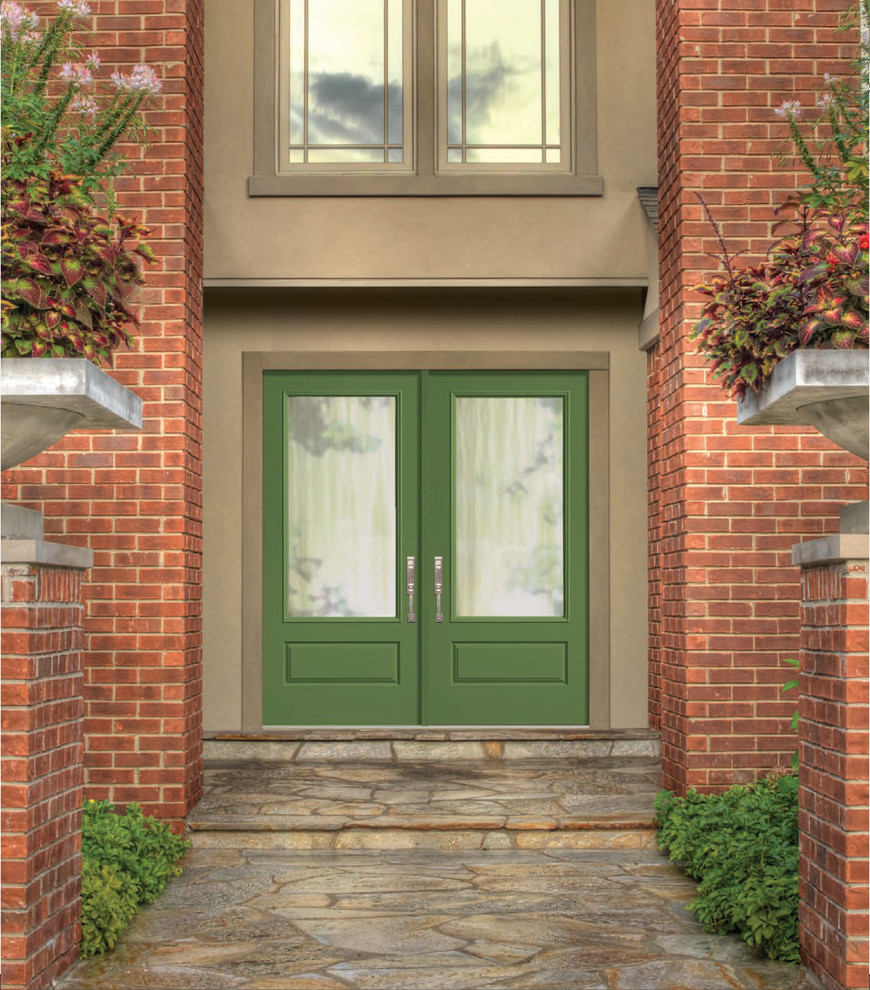 Transitional front door in Other with a double front door and a green front door.