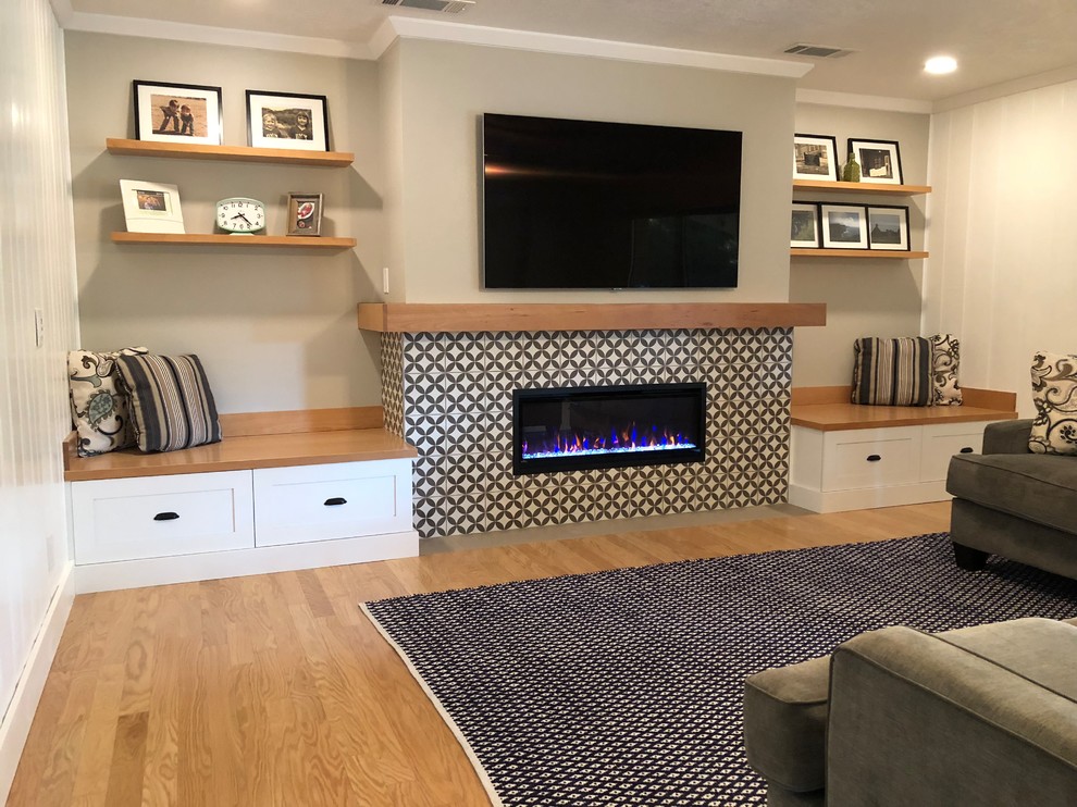 Fireplace tile with new benches and floating shelves Transitional