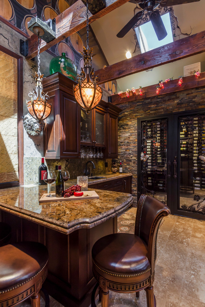 Design ideas for a large traditional wine cellar in Chicago with travertine floors, display racks and beige floor.