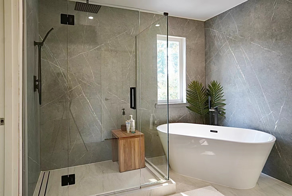 Inspiration for a medium sized modern bathroom in Seattle with flat-panel cabinets, white cabinets, light hardwood flooring, beige floors and a drop ceiling.