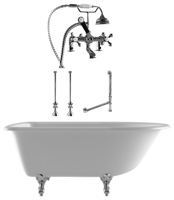 61" Cast Iron Clawfoot Tub Complete Deck Mount Plumbing Package
