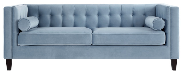 Branwen Velvet Button Tufted Sofa, Square Arms Tapered Leg, Slate Blue