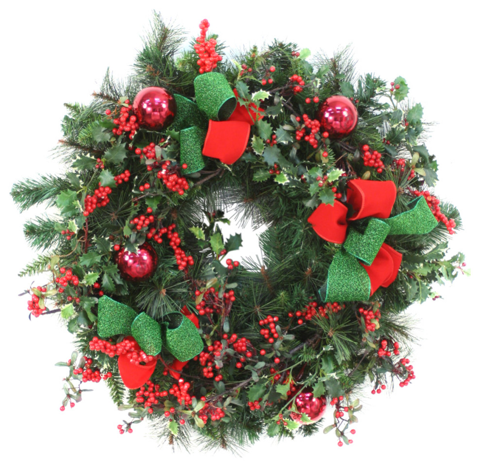 Mix Pine Wreath With Red Berries, Red Glass Ornaments and Red and Green Ribbon