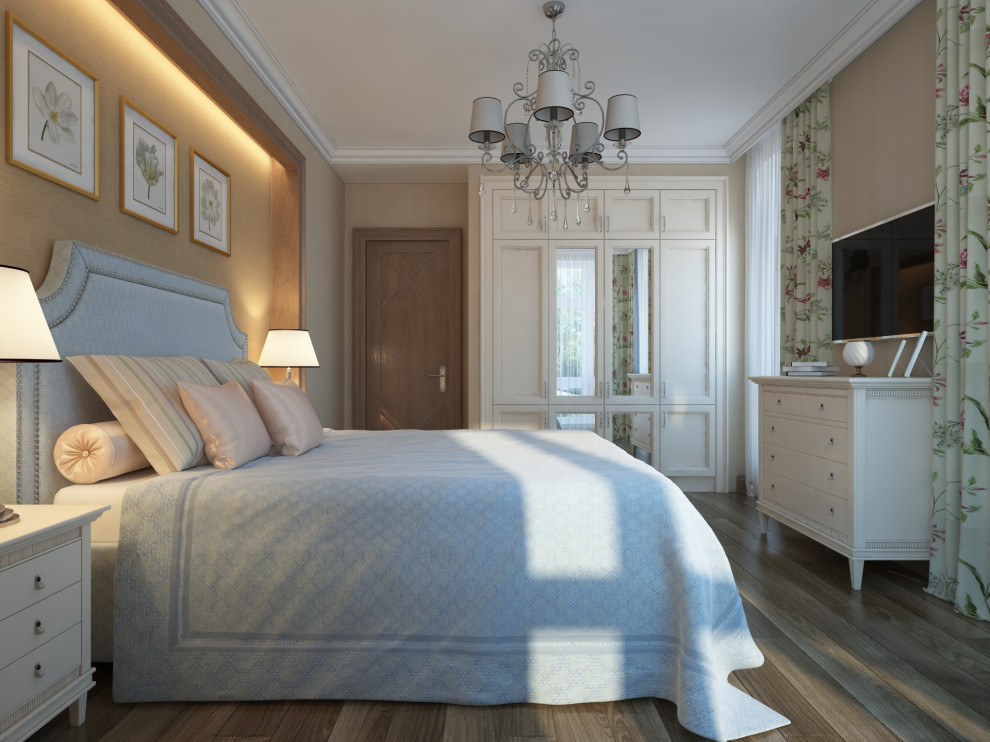 Inspiration for a mid-sized guest bedroom in Other with beige walls, laminate floors and brown floor.