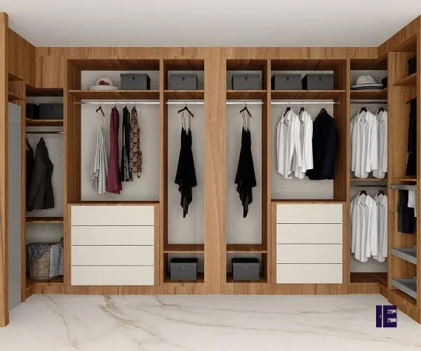 Inspiration for a large modern walk-in wardrobe in London with open cabinets, medium wood cabinets, marble flooring and white floors.
