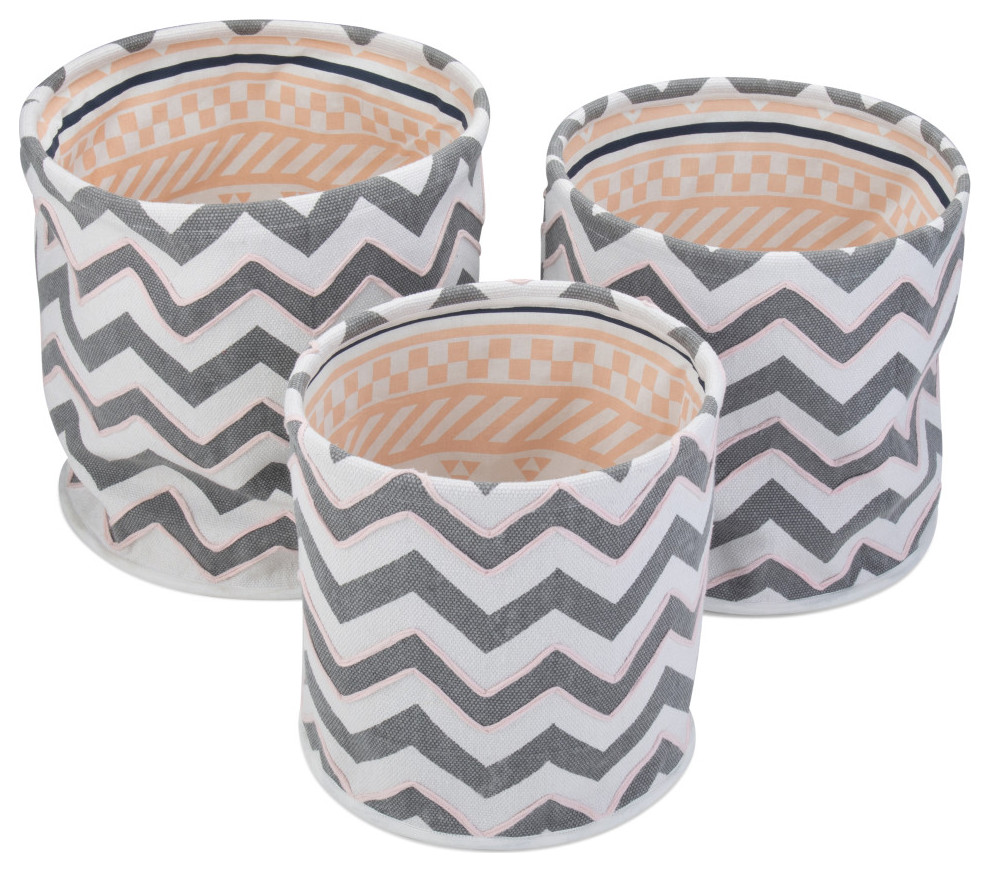 Keon 3-Piece Nesting Storage Basket Set, Grey, White Zig Zag Pattern