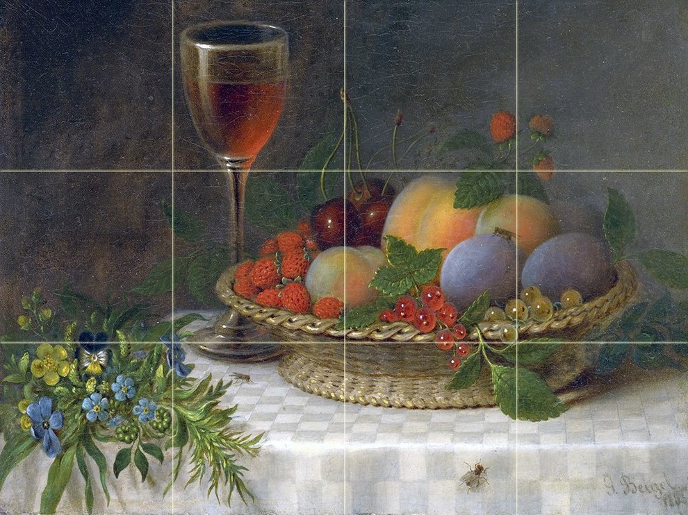 Tile Mural, Still Life With A Basket of Fruit Ceramic Glossy