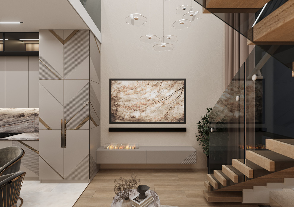 Дизайн кухни-гостиной в двухуровневой квартире в Москве