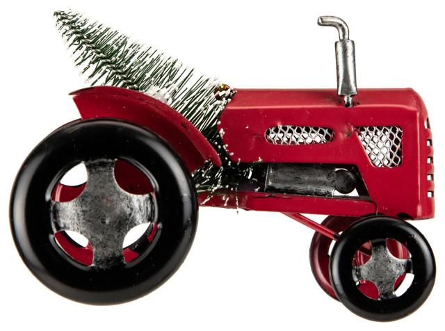 3" Red Metal Tractor with Frosted Tree Christmas Ornament