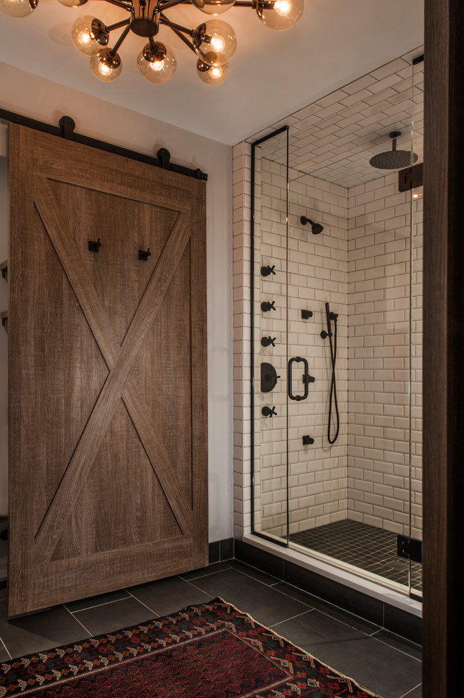Mid-sized transitional master white tile and ceramic tile porcelain tile double shower photo in Chicago with shaker cabinets, turquoise cabinets, gray walls, an undermount sink and quartzite countertops