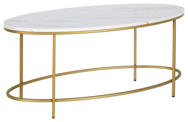 42" Gold and White Faux Marble Oval Coffee Table - Contemporary ...