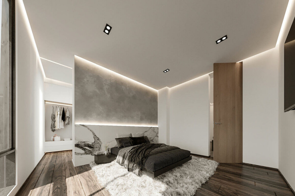 Foto de dormitorio moderno grande con paredes blancas y suelo marrón