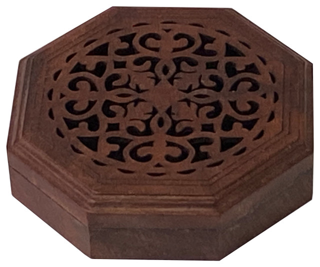 Small Brown Wood Octagonal Carving Storage Accent Box Hws2629