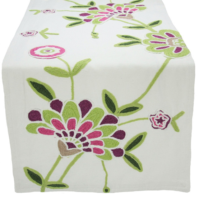 Crewel Embroidered Flora Linens Collection Table Runner Contemporary