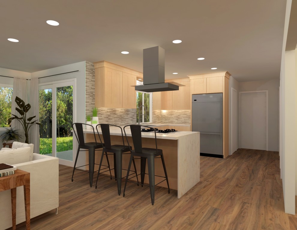 Mid-sized contemporary u-shaped eat-in kitchen in Denver with shaker cabinets, light wood cabinets and a peninsula.