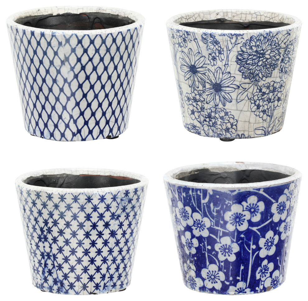 4-Piece Set Terracotta Planters, Blue Finish, 5.5  x5.5  x5.5