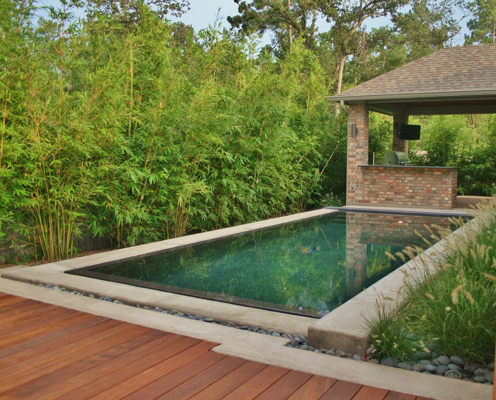 This is an example of a mid-sized modern backyard rectangular infinity pool in Houston with a water feature and concrete pavers.