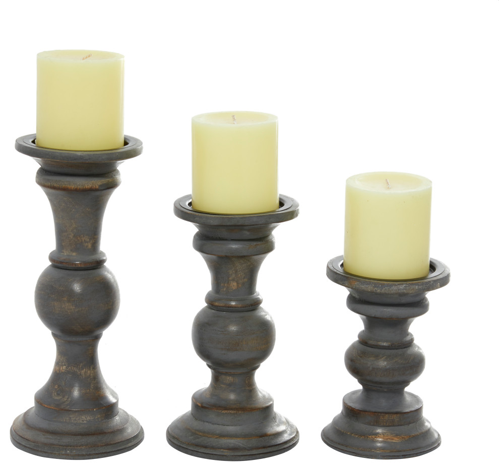 Traditional Dark Brown Wood Candle Holder Set 31877