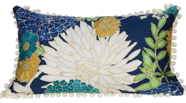 lumbar flower cotton pillow cover with pompom trim contemporary decorative pillows - Decorative Pillows lumbar flower cotton pillow cover with pompom trim contemporary decorative pillows - Decorative Pillows