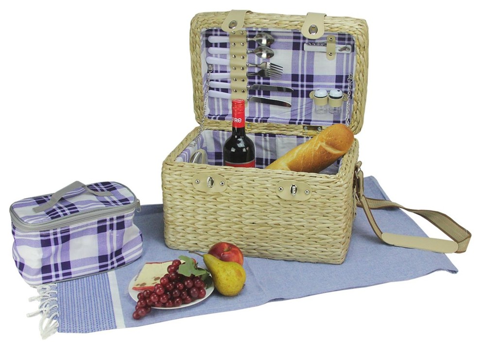 2-Person Hand Woven Natural Seagrass Picnic Basket Set With Accessories ...