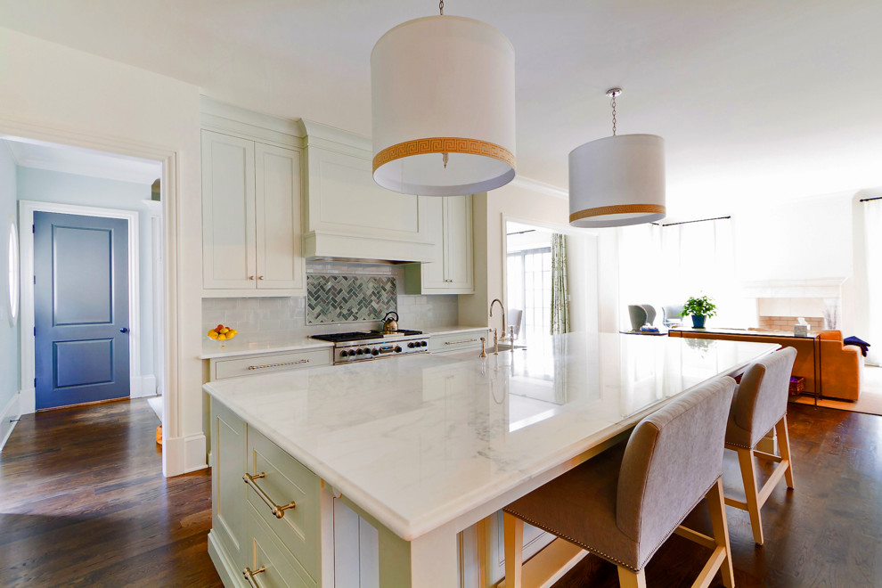 Inspiration for a transitional kitchen in Atlanta with marble benchtops.