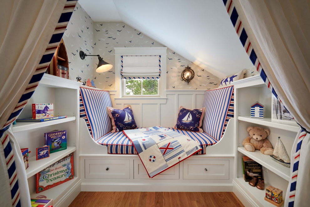 Design ideas for a small beach style gender-neutral kids' playroom in Portland Maine.