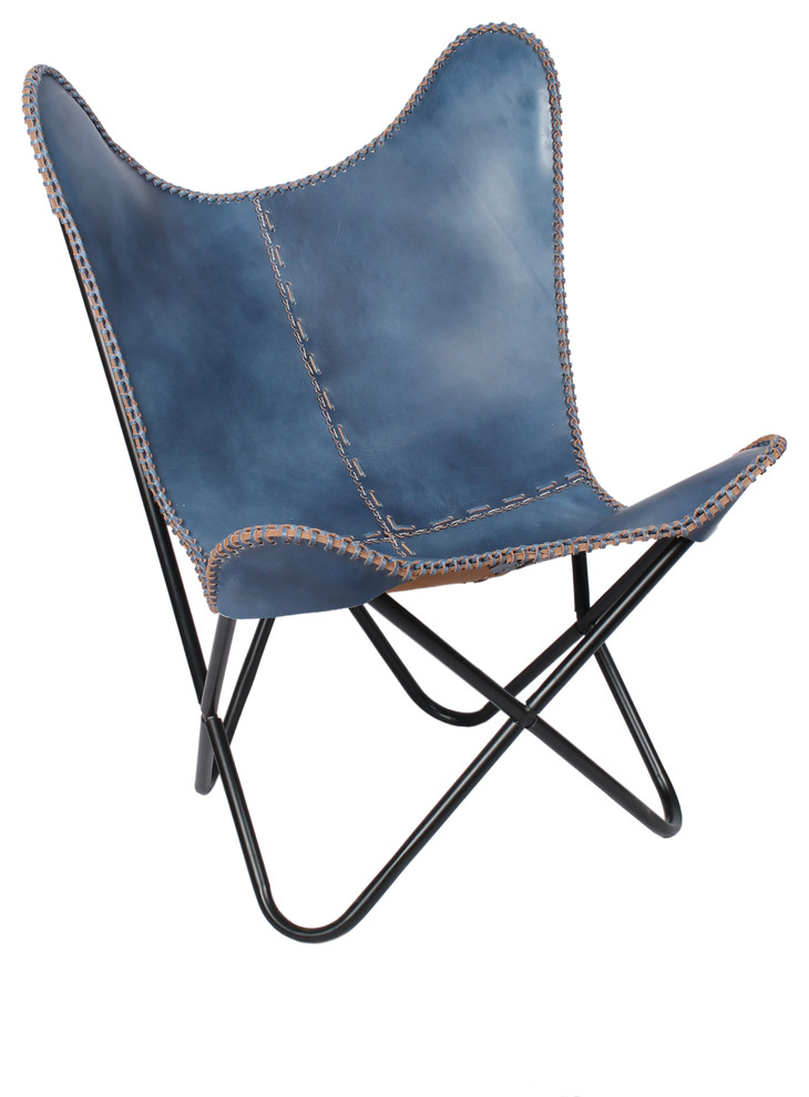 Navy Blue Leather Butterfly Chair With Black Frame Contemporary