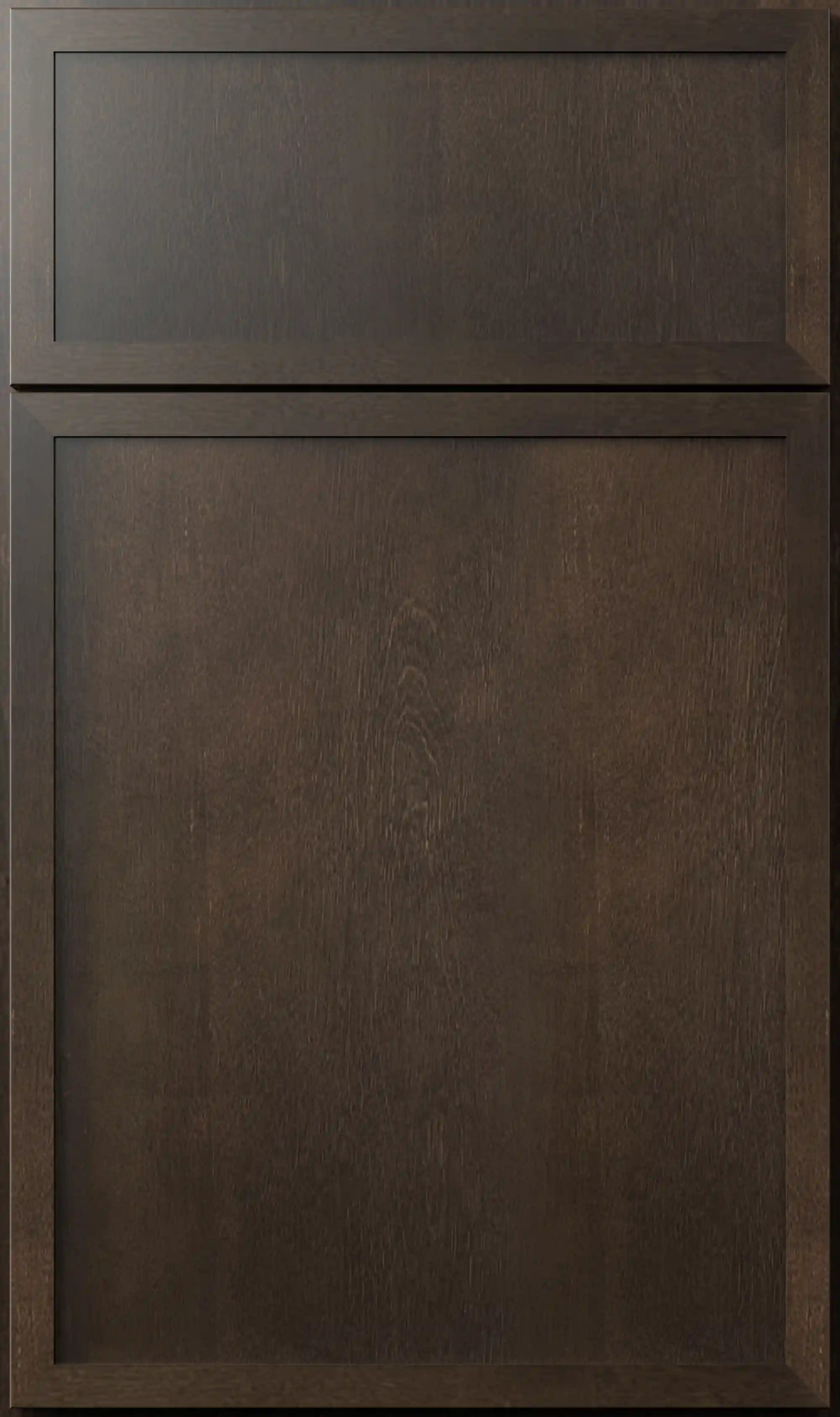 Kona dark wood grain Slim Shaker cabinet door with narrow frame, recessed flat panel, and clean contemporary lines