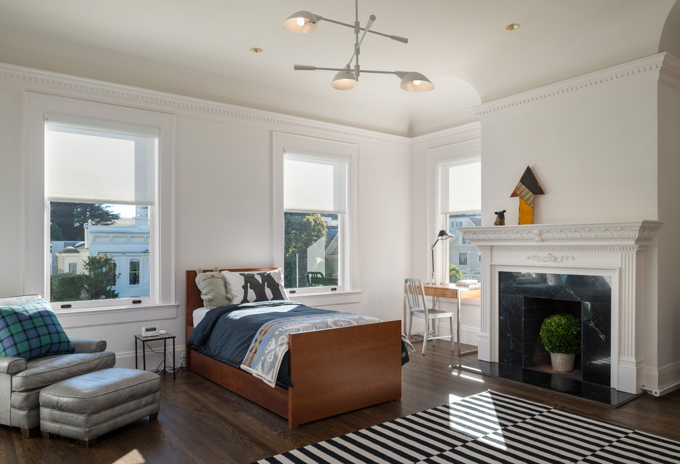 Inspiration for a transitional kids' bedroom in San Francisco with white walls and dark hardwood floors.