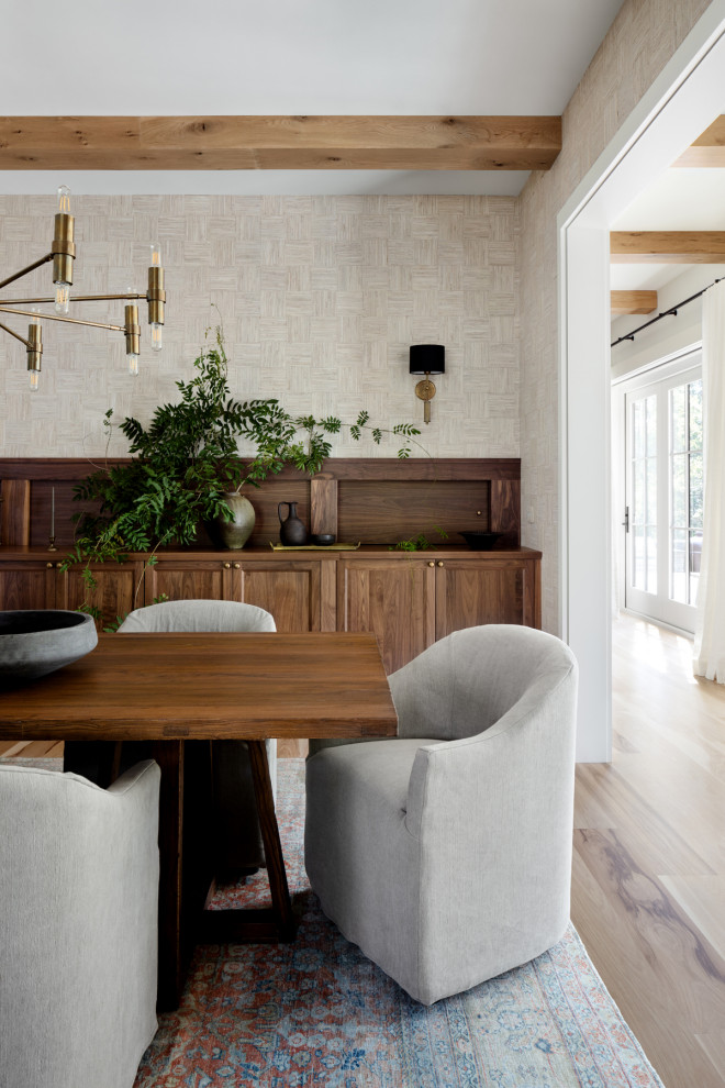 Enclosed dining room - mid-sized country light wood floor, beige floor, exposed beam and wallpaper enclosed dining room idea in DC Metro with beige walls