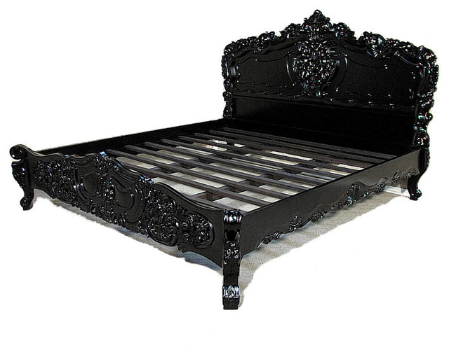 Solid Wood Black Finish Ornate King Size Carved Rococo Bed Panel Solid Wood Black Finish Ornate King Size Carved Rococo Bed