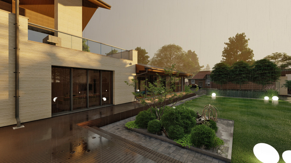 Дом с бассейном и верандой с камином