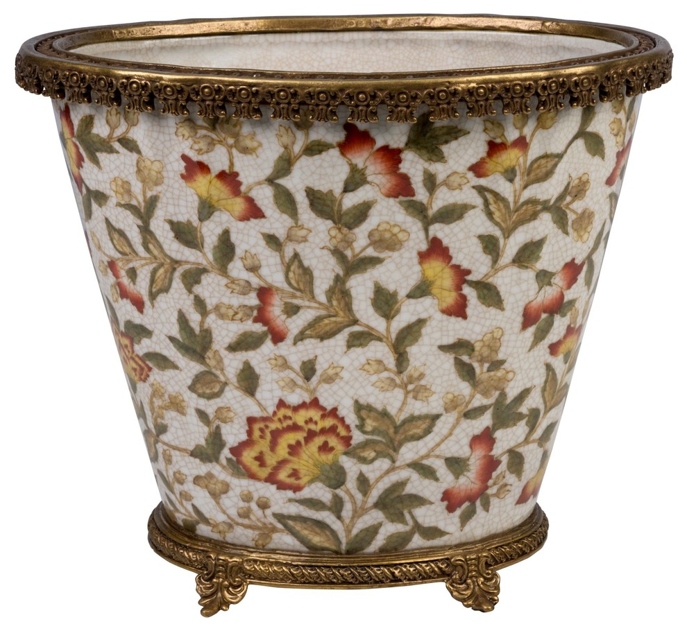 Floral Chinoiserie Floral Porcelain Oval Flower Pot 9.5" Brass Ormolu