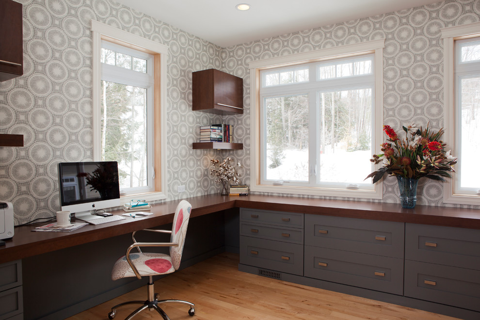 Home office - transitional built-in desk home office idea