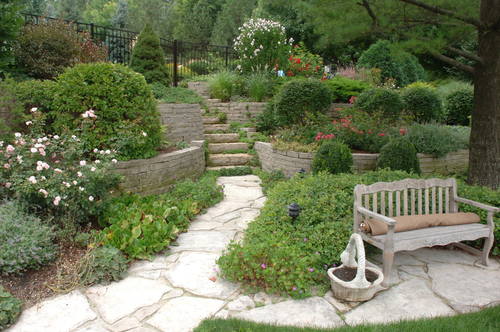 Inspiration for a backyard garden in Other with a fire feature and natural stone pavers.