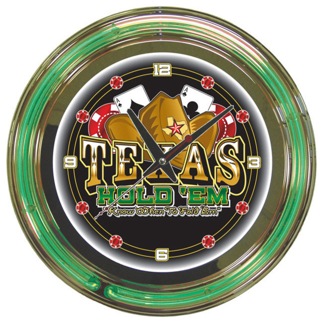 Texas Hold 'em Neon Clock - 14 inch Diameter