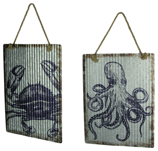 Ribbed Texture Galvanized Metal Octopus And Crab Art Wall Hanging Set Beach Style Metal Wall Art By Zeckos