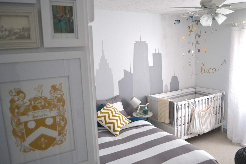 Design ideas for a mid-sized contemporary kids' room for boys in Omaha with grey walls, carpet and beige floor.
