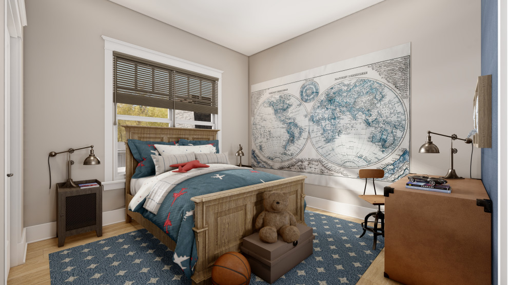 Cette image montre une grande chambre d'amis craftsman avec un mur beige, un sol en bois brun et un plafond décaissé.