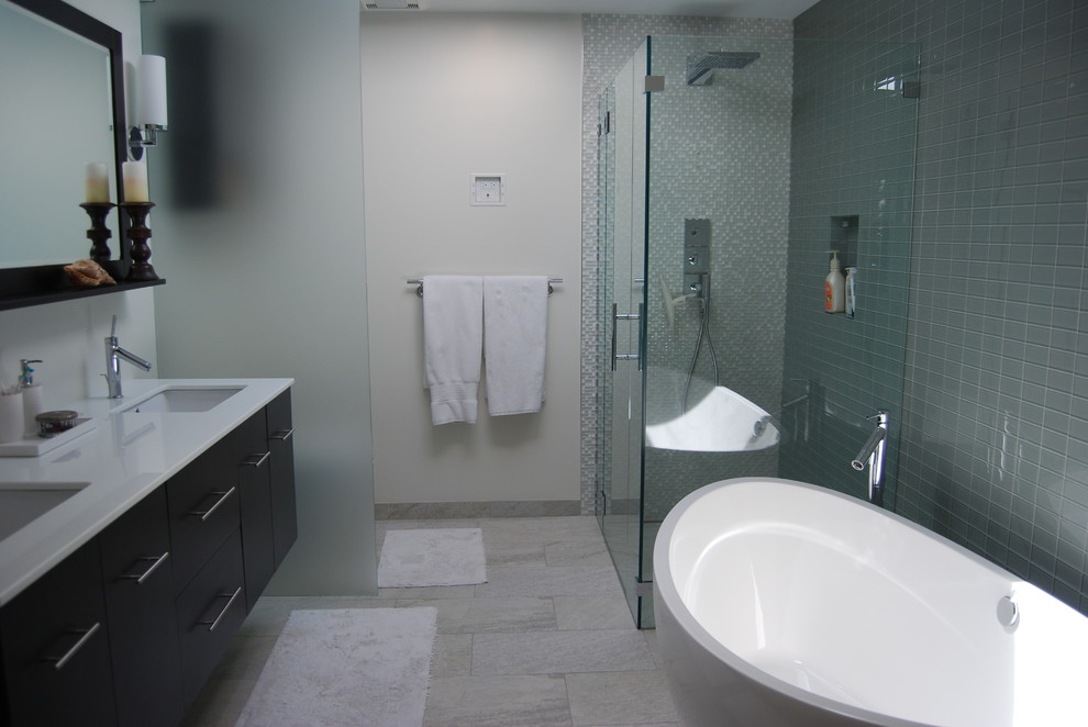 Inspiration for a large contemporary master bathroom in San Francisco with shaker cabinets, black cabinets, a freestanding tub, an open shower, green tile, ceramic tile and beige walls.