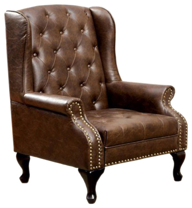 Vaugh Traditional Wing Accent Chair in Nail Head, Rustic Brown