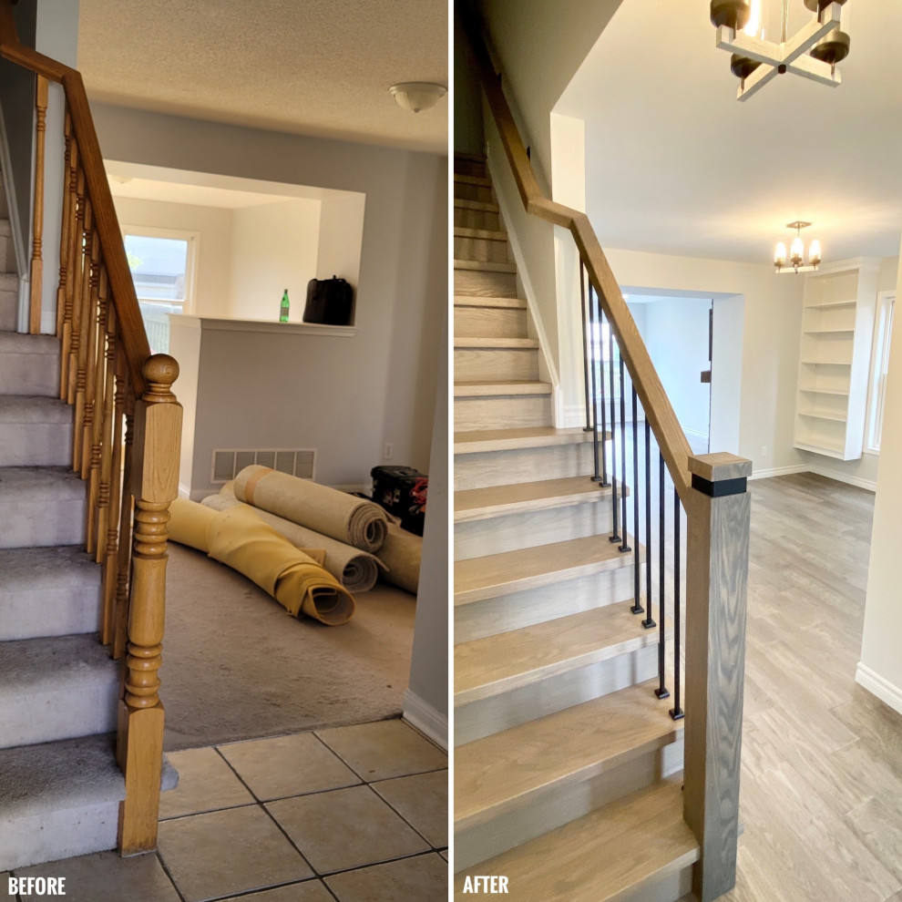 Transitional wooden straight mixed material railing staircase photo with wooden risers