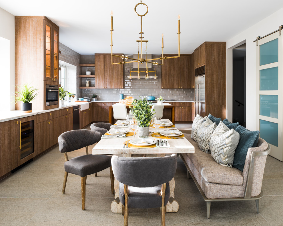 Inspiration for a transitional u-shaped brown floor eat-in kitchen remodel in Phoenix with a farmhouse sink, flat-panel cabinets, medium tone wood cabinets, gray backsplash, stainless steel appliances and an island