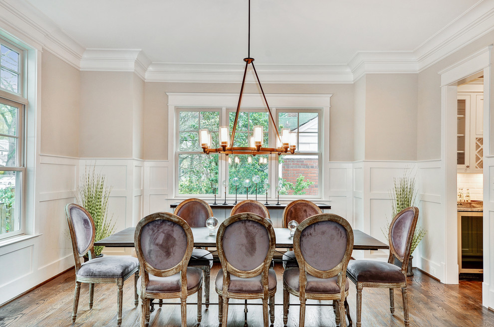 Mid-sized transitional separate dining room in DC Metro with beige walls, dark hardwood floors, no fireplace and brown floor.