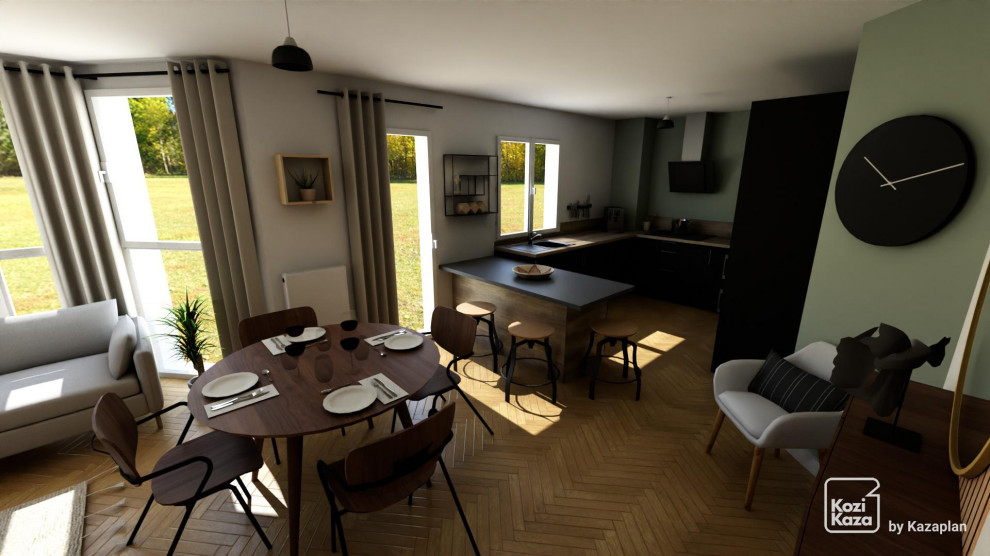 Offenes Modernes Esszimmer ohne Kamin mit grüner Wandfarbe, hellem Holzboden, braunem Boden und Holzdielenwänden in Reims