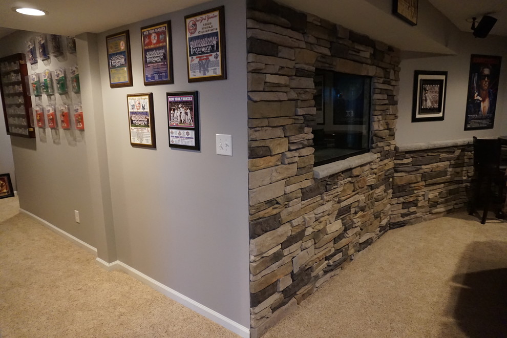 This is an example of a large traditional look-out basement in Baltimore with grey walls and carpet.
