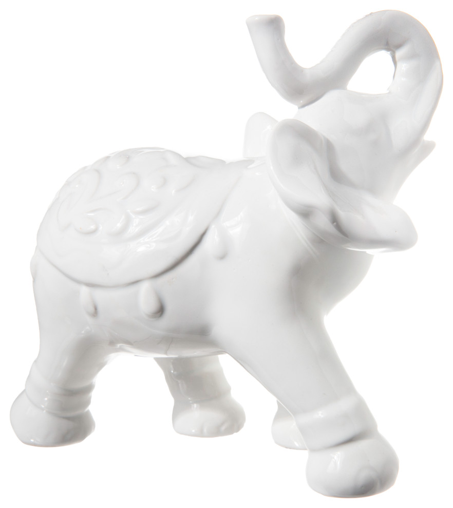 Ceramic Walking Elephant Figurinewith Trunk on High Position Gloss White Finish