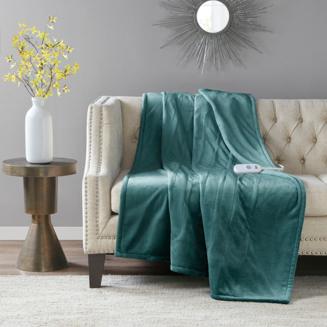 Serta Plush Heated Throw, Teal, 50x60" Contemporary Throws by