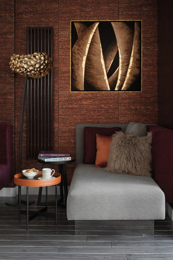 Inspiration for a small contemporary open concept living room in Yekaterinburg with brown walls, dark hardwood floors, a wall-mounted tv, grey floor, wallpaper and wallpaper.