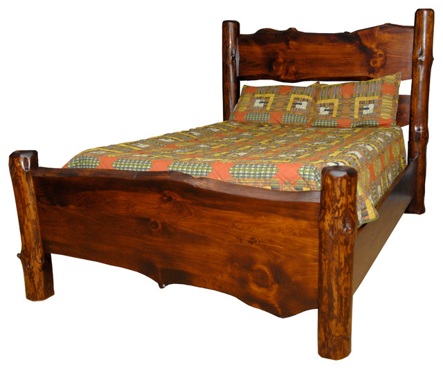 Rustic Pine Log Live Edge Queen Size Bed, Michael'S Cherry Stain